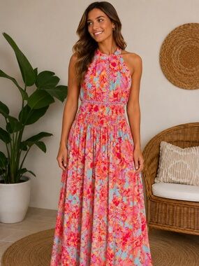 Abel The Label Floral Halter Maxi Dress Large Smocked Waist Boho Tropical Summer